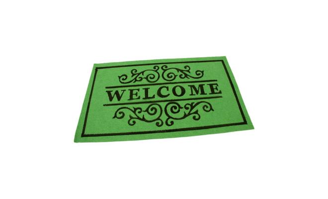 Zelená textilní vstupní čistící vnitřní rohož Welcome - Deco, FLOMA - délka 45 cm, šířka 75 cm a výška 0,3 cm