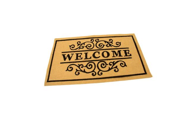 Žlutá textilní vstupní čistící vnitřní rohož Welcome - Deco, FLOMA - délka 45 cm, šířka 75 cm a výška 0,3 cm