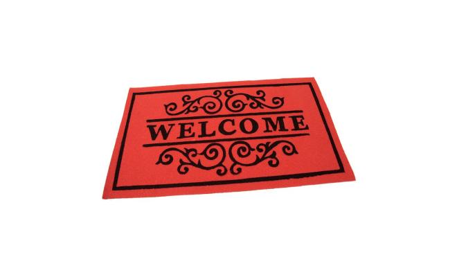 Červená textilní vstupní čistící vnitřní rohož Welcome - Deco, FLOMA - délka 45 cm, šířka 75 cm a výška 0,3 cm