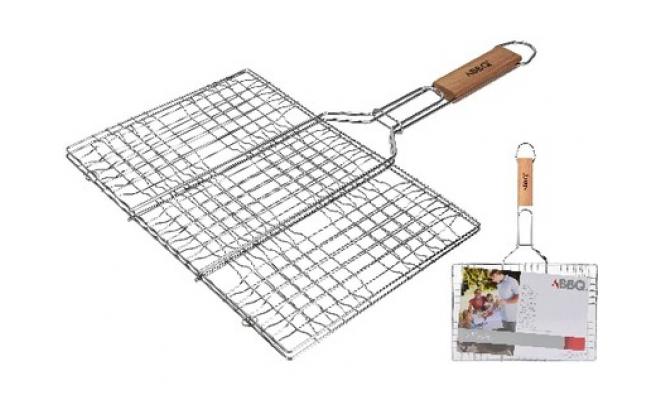 Mřížka opékací hranatá 34x23cm, délka 48cm, BBQ dřev.rukojeť
