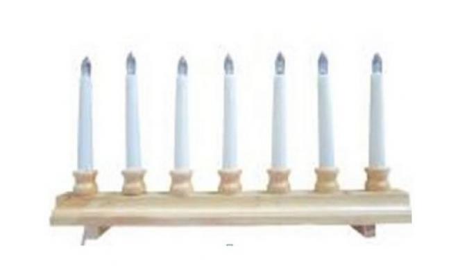 Svícen vánoční  7 svíček LED,teplá BÍ,dřev.přír.42,5x21,5x5cm,2xtuž.AA baterie