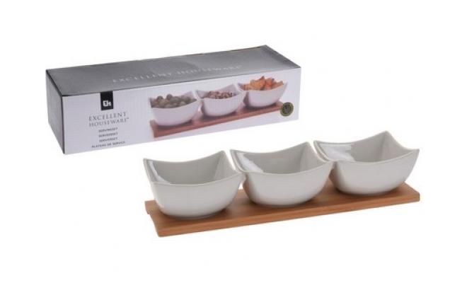 Miska servírovací sada 4díl.(1x bambus.tác 30x10cm+3x miska porcelán 9,5x5,5cm)